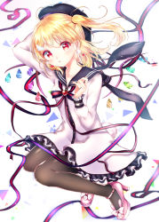 Rule 34 | 1girl, alternate costume, bad id, bad pixiv id, black pantyhose, blonde hair, commentary request, dress, earrings, flandre scarlet, frilled dress, frills, full body, gem, hair ornament, hairclip, hat, heart, heart earrings, high heels, jewelry, long hair, looking at viewer, pantyhose, rabbit tail, red hair, ribbon, sailor dress, shanghai bisu, side ponytail, solo, tail, touhou, white dress, wing hair ornament, wings