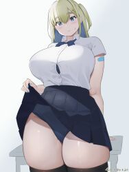 Rule 34 | 1girl, arm support, aymusk, bandaid, bandaid on arm, black one-piece swimsuit, black skirt, blonde hair, blue eyes, blue hair, blush, breasts, closed mouth, clothes lift, collared shirt, colored inner hair, commentary request, curvy, desk, freckles, freckles-chan (aymusk), gradient background, hair ornament, hairclip, highres, large breasts, lifting own clothes, long hair, looking at viewer, multicolored hair, one-piece swimsuit, original, pleated skirt, school swimsuit, school uniform, shirt, short sleeves, sidelocks, skirt, skirt lift, solo, swimsuit, swimsuit under clothes, thick eyebrows, thick thighs, thighs, two-tone hair, white shirt