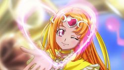 Rule 34 | 10s, 1girl, blush, bow, brooch, brown hair, choker, circlet, cure muse, cure muse (yellow), earrings, hair ribbon, haruyama kazunori, head tilt, heart, jewelry, long hair, looking at viewer, magical girl, official style, one eye closed, open hand, orange hair, pink eyes, precure, ribbon, shirabe ako, smile, solo, suite precure, tiara, yellow bow