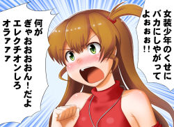 Rule 34 | 00s, 1girl, angry, bare shoulders, blush, brown hair, eden no ori, emphasis lines, green eyes, idolmaster, idolmaster dearly stars, jewelry, long hair, necklace, open mouth, parody, sakurai yumeko, shouting, side ponytail, solo, speech bubble, sugar (sugarless), translated