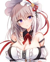 Rule 34 | 1girl, bare shoulders, black collar, black dress, blush, braid, breasts, cleavage, collar, detached collar, detached sleeves, dress, grey hair, hair between eyes, highres, kinona, large breasts, long hair, neck ribbon, original, parted lips, puffy short sleeves, puffy sleeves, purple eyes, red ribbon, ribbon, short sleeves, side braid, simple background, single braid, sketch, solo, upper body, white background, white sleeves