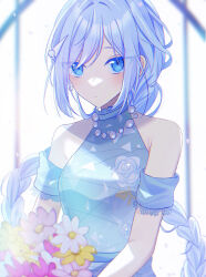 Rule 34 | 1girl, absurdres, armband, armpit crease, bare shoulders, blue dress, blue eyes, blush, bouquet, braid, closed mouth, commentary request, dot nose, dress, earrings, flower, grey hair, highres, holding, holding bouquet, jewelry, long hair, looking at viewer, miyu-k2896, necklace, own hands together, pearl earrings, pearl necklace, pink flower, project sekai, raised eyebrows, shadow, sidelocks, sleeveless, sleeveless dress, solo, swept bangs, tonari ni tatsu yasashii anata e (project sekai), twin braids, upper body, wedding dress, white flower, yellow flower, yoisaki kanade