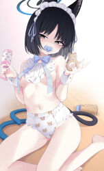 Rule 34 | 1girl, adult baby, animal ears, areola slip, baby bottle, bare shoulders, bdsm, bib, black eyes, black hair, blue archive, blue bow, bonnet, bottle, bow, bright pupils, cat ears, cat tail, commentary request, diaper, holding, holding rattle, kikyou (blue archive), multiple tails, navel, pacifier, rattle, short hair, tail, two tails, usagimiko, wooden floor