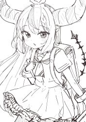 Rule 34 | 1girl, absurdres, backpack, bag, blush, braid, commentary request, demon horns, greyscale, highres, hololive, horns, la+ darknesss, looking at viewer, monochrome, multicolored hair, okota mikan, parted lips, randoseru, sailor collar, school uniform, serafuku, shirt, short sleeves, simple background, sketch, skirt, solo, streaked hair, unfinished, virtual youtuber, white background