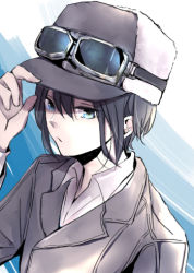 Rule 34 | 1girl, androgynous, black hair, blue background, blue eyes, brown coat, brown hat, closed mouth, coat, commentary, dress shirt, expressionless, fur hat, goggles, goggles on headwear, gradient background, hair between eyes, hand on headwear, hat, karaniki137, kino (kino no tabi), kino no tabi, long sleeves, looking at viewer, lowres, portrait, reverse trap, shaded face, shirt, short hair, solo, tomboy, trench coat, ushanka, white background, white shirt