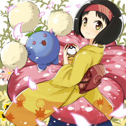 Rule 34 | 00s, 1girl, :3, :d, abe kanari, black hair, blush, cherry blossoms, closed mouth, creature, creatures (company), erika (pokemon), eyebrows, flower, flying, game freak, gen 1 pokemon, gen 2 pokemon, green eyes, gym leader, heterochromia, holding, holding poke ball, jumpluff, leaf, leaf print, long sleeves, looking at viewer, monster, nintendo, open mouth, pink eyes, plant, poke ball, pokemon, pokemon (creature), pokemon hgss, red eyes, short hair, simple background, smile, tareme, vileplume, white background