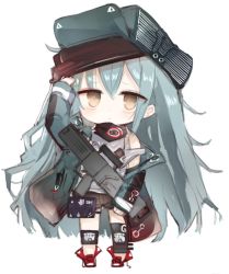 Rule 34 | 1girl, arm up, assault rifle, bare shoulders, black shorts, brown eyes, bullpup, caseless firearm, chibi, commentary request, flat cap, full body, g11 (girls&#039; frontline), girls&#039; frontline, green hair, green hat, green jacket, gun, h&amp;k g11, hair between eyes, hat, holding, holding gun, holding weapon, horizontal magazine, jacket, kotatu (akaki01aoki00), long hair, long sleeves, name connection, object namesake, off shoulder, open clothes, open jacket, personification, prototype design, red footwear, rifle, shirt, shoes, short shorts, shorts, simple background, sleeves past wrists, solo, standing, tank top, very long hair, weapon, white background, white shirt