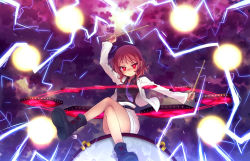 Rule 34 | 1girl, boots, crossed legs, drum, drumsticks, energy ball, glowing, glowing eyes, grin, horikawa raiko, instrument, jacket, lightning, miruki, necktie, purple necktie, red eyes, red hair, shirt, sitting, sitting on object, smile, solo, striped clothes, striped shirt, touhou