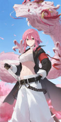 Rule 34 | 1girl, absurdres, alchemy stars, armband, bandaged neck, bandages, bandeau, belt, black belt, black coat, black gloves, blue sky, blurry, blurry background, breasts, brown eyes, cherry blossoms, chest sarashi, cleavage, closed mouth, coat, collarbone, commentary, day, dragon, dragon horns, eastern dragon, feet out of frame, gloves, hair between eyes, highres, hiiro (alchemy stars), horns, katana, long sleeves, looking at viewer, medium breasts, medium hair, midriff, navel, open clothes, open coat, outdoors, pants, petals, pink hair, sarashi, sidelocks, sky, smile, so shio, solo, standing, stomach, strapless, sword, tree, tube top, underboob, weapon, white pants