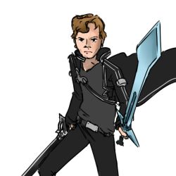 Rule 34 | 1boy, 4chan, brown hair, cosplay, dual wielding, holding, kirito, kirito (cosplay), long coat, male focus, moot, penguin (4chan), simple background, solo, sword, sword art online, weapon, white background