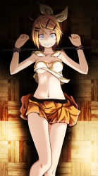 Rule 34 | 1girl, blonde hair, blue eyes, bound, bound arms, bound wrists, breasts, cleavage, clenched teeth, constricted pupils, crying, crying with eyes open, female focus, fingernails, hair ornament, hair ribbon, hairclip, highres, kagamine rin, looking at viewer, nail polish, navel, orange nails, ribbon, scared, short hair, solo, spreader bar, sweat, swept bangs, tears, teeth, torn clothes, tsukishiro saika, vocaloid, wide-eyed