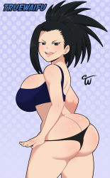Rule 34 | 1girl, absurdres, artist name, ass, black eyes, black hair, blush, boku no hero academia, breasts, butt crack, come hither, highres, huge ass, large breasts, licking lips, long hair, looking at viewer, nail polish, naughty face, panties, panty pull, ponytail, skindentation, smile, solo, sports bra, thighs, tongue, tongue out, truewaifu, underwear, yaoyorozu momo