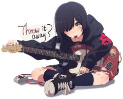 Rule 34 | 1girl, black hair, black jacket, black legwear, commentary request, electric guitar, fender telecaster, guitar, hair over one eye, holding, holding instrument, hood, hoodie, instrument, jacket, long sleeves, looking at viewer, ogipote, on floor, original, plaid, plaid skirt, pleated skirt, plectrum, shoes, short hair, skirt, sleeves past wrists, sneakers, solo, white background, yellow eyes