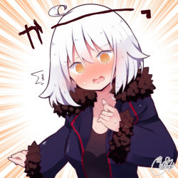 Rule 34 | 1girl, @ @, ^^^, ahoge, beni shake, black dress, blue jacket, blush, breasts, commentary request, dress, emphasis lines, fate/grand order, fate (series), fur-trimmed jacket, fur-trimmed sleeves, fur trim, hair between eyes, jacket, jeanne d&#039;arc (fate), jeanne d&#039;arc alter (fate), jeanne d&#039;arc alter (ver. shinjuku 1999) (fate), medium breasts, nose blush, official alternate costume, open clothes, open jacket, orange eyes, signature, solo, sweat, translation request, upper body, white hair, wicked dragon witch ver. shinjuku 1999