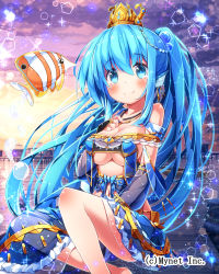 Rule 34 | 1girl, barefoot, blue eyes, blue hair, blush, breasts, character request, cleavage, cloud, copyright request, crown, detached sleeves, dress, fins, fish, fujiwara gacho, hand on own chest, head fins, highres, outdoors, sky, smile, solo, tears