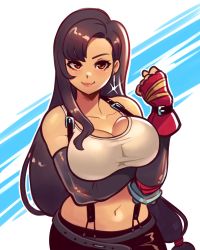Rule 34 | 1girl, absurdres, asymmetrical hair, belt, black hair, black skirt, black sleeves, breast hold, breasts, brown eyes, cleavage, clenched hand, commentary, crop top, detached sleeves, earrings, elbow pads, english commentary, final fantasy, final fantasy vii, fingerless gloves, gloves, highres, jewelry, large breasts, lips, long hair, looking at viewer, low-tied long hair, midriff, navel, portrait, ravenousruss, red gloves, shirt, single elbow pad, skirt, smile, solo, suspender skirt, suspenders, tank top, taut clothes, taut shirt, tifa lockhart, very long hair, white tank top