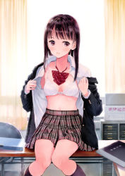 Rule 34 | 1girl, absurdres, black hair, blazer, blush, bow, bowtie, bra, breasts, brown eyes, brown hair, desk, fujita hidetoshi, highres, indoors, jacket, kneehighs, long hair, long sleeves, looking to the side, navel, non-web source, on desk, open clothes, open mouth, open shirt, original, plaid, plaid skirt, pleated skirt, scan, school uniform, shirt, sitting, on desk, skirt, small breasts, smile, socks, solo, underwear, undressing, white bra