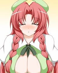 Rule 34 | 1girl, blush, braid, breasts, cleavage, closed eyes, facing viewer, female focus, hat, hong meiling, huge breasts, incoming kiss, large breasts, pov, red hair, solo, embodiment of scarlet devil, touhou, twin braids, upper body, zefyu