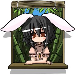 Rule 34 | 1girl, animal ears, bamboo, bamboo forest, black hair, rabbit ears, carrot, chibi, female focus, forest, inaba tewi, nature, short hair, solo, touhou