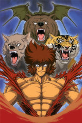 Rule 34 | 1980s (style), 1boy, abs, bear, centurion (juuouki), claws, commentary, crazy eyes, dragon, english commentary, fangs, highres, ink (medium), juuouki, looking at viewer, monste80sr, muscular, nipples, oldschool, photoshop (medium), retro artstyle, ripping, sideburns, tiger, toned, torn clothes, traditional media, transformation, video game, werewolf, white eyes