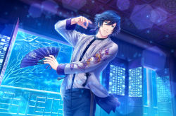 Rule 34 | 1boy, architecture, bare tree, black pants, blue eyes, blue hair, cowboy shot, dancing, dragon print, earrings, east asian architecture, embroidery, flower knot, game cg, grey jacket, hair between eyes, hand fan, highres, holding, holding fan, ichinose tokiya, indoors, jacket, jewelry, lens flare, light particles, long sleeves, looking at viewer, male focus, official art, open door, pants, parted lips, railing, shirt, short hair, single earring, smile, snow, snowflake print, solo, sparkle, standing, striped clothes, striped shirt, tassel, tassel earrings, third-party source, tree, uta no prince-sama, uta no prince-sama: shining live, white shirt, winter