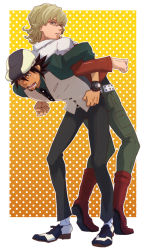Rule 34 | 10s, 2boys, @@@, back-to-back, bad id, bad pixiv id, barnaby brooks jr., belt, blonde hair, boots, bracelet, brown eyes, brown hair, cabbie hat, carrying, facial hair, glasses, green eyes, hat, jacket, jewelry, kaburagi t. kotetsu, male focus, multiple boys, necktie, outside border, red jacket, short hair, stubble, studded belt, sweat, tiger &amp; bunny, vest, watch, wristwatch
