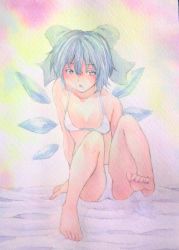 Rule 34 | 1girl, arm support, barefoot, bikini, blue eyes, blue hair, blush, chestnut mouth, cirno, feet, highres, ice, ice wings, matching hair/eyes, open mouth, painting (medium), pink background, short hair, sitting, soles, solo, swimsuit, toes, touhou, traditional media, watercolor (medium), white bikini, wings, yuyu (00365676)