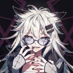 Rule 34 | 1girl, aluce, animal ears, arknights, artist name, black nails, cat ears, coat, fangs, glasses, grey eyes, hair ornament, hairclip, hand on own face, lappland (arknights), long hair, looking at viewer, lower teeth only, nail, nail polish, open mouth, original, pale skin, purple-tinted eyewear, purple-tinted glasses, sample watermark, signature, simple background, smile, smirk, solo, standing, sunglasses, teeth, tinted eyewear, watermark, white hair