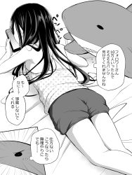 Rule 34 | 1girl, airandou, cellphone, greyscale, highres, holding, holding phone, long hair, lying, monochrome, on stomach, original, phone, shorts, solo, speech bubble, stuffed animal, stuffed shark, stuffed toy, thighs, thought bubble, translation request