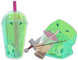 Rule 34 | arrow (projectile), bubble tea, cup, disposable cup, drinking, drinking straw, highres, in container, lauren walsh, simple background, skull, slime (creature), sword, weapon, white background