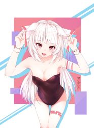 Rule 34 | 1girl, :3, alternate costume, animal ears, armband, armpit peek, bare legs, bare shoulders, black leotard, blush, bow, bracelet, breasts, cat ears, character name, cleavage, collarbone, commentary, cowboy shot, fujiwara no mokou, hair bow, hand on own ear, highres, jewelry, leaning forward, leotard, leria v, long hair, looking at viewer, medium breasts, off shoulder, open mouth, red eyes, silhouette, smile, solo, standing, thigh gap, thigh strap, thighs, touhou, white hair