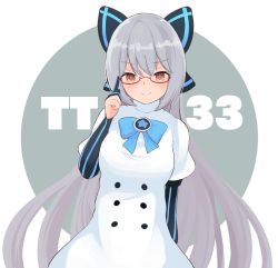 Rule 34 | 1girl, b6 (b6 n2), bad id, bad pixiv id, blush, bow, breasts, buttons, dress, girls&#039; frontline, glasses, gloves, hair bow, long hair, medium breasts, orange eyes, partially fingerless gloves, pinstripe pattern, puffy short sleeves, puffy sleeves, ribbon, short sleeves, silver hair, smile, solo, striped, tokarev (girls&#039; frontline), very long hair