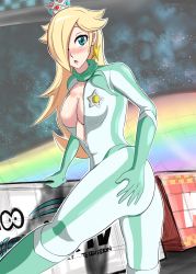 Rule 34 | 1girl, against wall, ascot, ass, blonde hair, blue eyes, blush, bodysuit, boots, breasts, chestnut mouth, crown, earrings, covered erect nipples, female focus, gloves, hair over one eye, highres, jewelry, long hair, looking at viewer, mario (series), mario kart, mario kart 8, matsuchachou, nintendo, no bra, open clothes, open mouth, rosalina, solo, super mario bros. 1, super mario galaxy, zipper