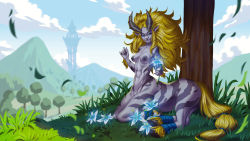 Rule 34 | 1girl, abs, absurdres, alanscampos, animal print, blonde hair, blue eyes, breasts, castle, centaur, flower, grass, highres, hooves, horns, horse tail, large areolae, lynel, monster girl, mountains, nintendo, nipples, nude, tail, taur, the legend of zelda, the legend of zelda: breath of the wild, tree, zebra print