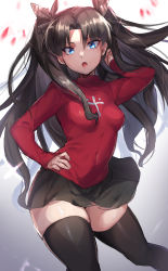 Rule 34 | 1girl, absurdres, black ribbon, black skirt, black thighhighs, blue eyes, breasts, commentary request, fate/stay night, fate (series), gradient background, grey background, hair ribbon, hand on own hip, highres, long sleeves, looking at viewer, medium breasts, open mouth, ribbon, sketch, skirt, solo, standing, suurin (ksyaro), thighhighs, tohsaka rin, turtleneck, two side up, zettai ryouiki