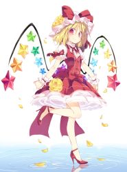 Rule 34 | 1girl, bow, dress, embellished costume, flandre scarlet, flower, hat, hat bow, hat flower, high heels, highres, looking at viewer, mob cap, petals, petticoat, puffy short sleeves, puffy sleeves, red dress, sash, satou kibi, shirt, short sleeves, slit pupils, smile, solo, standing, standing on one leg, touhou, water, waves, white hat, wings, wrist cuffs