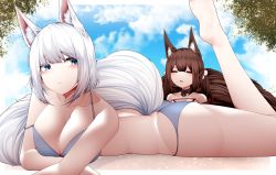 Rule 34 | 2girls, absurdres, amagi-chan (azur lane), animal ear fluff, animal ears, ass, azur lane, bare legs, bare shoulders, barefoot, beach, beads, bikini, black choker, blue eyes, blue sky, blush, bob cut, breasts, brown hair, brown tail, butt crack, choker, cleavage, closed eyes, closed mouth, cloud, cloudy sky, collarbone, commentary, crossed arms, dated commentary, eyebrows hidden by hair, eyes visible through hair, fox ears, fox girl, fox tail, from side, grey bikini, hair beads, hair ornament, head tilt, highres, kaga (azur lane), kitsune, kyuubi, large breasts, leg up, long hair, looking at viewer, lying, medium hair, midriff, multiple girls, multiple tails, off-shoulder bikini, off shoulder, on stomach, open mouth, outdoors, ribbon choker, samip, sand, sidelocks, sky, slit pupils, small breasts, sunbathing, swimsuit, symbol-only commentary, tail, teeth, thighs, tree, twintails, vegetation, white hair, white tail