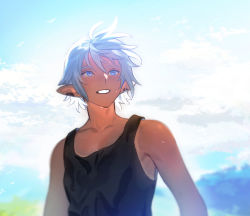 Rule 34 | 1boy, aged down, alternate costume, armpits, bare shoulders, black tank top, blue eyes, blue hair, blue sky, blurry, blurry background, child, chinese commentary, cloud, collarbone, commentary request, dark-skinned male, dark skin, day, earclip, elezen, elf, final fantasy, final fantasy xiv, floating hair, grin, haurchefant greystone, looking afar, looking up, male focus, outdoors, pectoral cleavage, pectorals, pointy ears, short hair, sky, smile, solo, sweat, tan, tank top, tanline, upper body, wind, wuliu heihuo