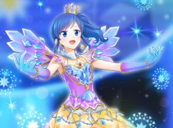 Rule 34 | 1girl, :d, aikatsu!, aikatsu! (series), blue background, blue eyes, blue gloves, blue hair, bracelet, crown, earrings, gloves, gradient gloves, highres, jewelry, kiriya aoi, mini crown, one side up, open mouth, outstretched arms, sidelocks, skirt, smile, solo, sparkle, spread arms, standing, tagme, wings, yellow skirt, yoban