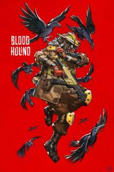 Rule 34 | 1other, apex legends, bird, bloodhound (apex legends), boots, brown jacket, brown pants, character name, crow, finger on trigger, full body, gas mask, gloves, gun, helmet, highres, holding, holding gun, holding weapon, jacket, knee pads, mask, mika pikazo, pants, red gloves, shoulder pads, solo, submachine gun, weapon