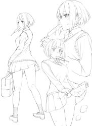 Rule 34 | 1girl, bag, blush, clothes lift, collared shirt, cowboy shot, dress shirt, food, food in mouth, full body, holding, holding bag, kneepits, lifting own clothes, lineart, loafers, long sleeves, monochrome, multiple views, original, popsicle, popsicle in mouth, profile, ryuuta (msxtr), school bag, school uniform, shirt, shoes, short hair, skirt, skirt lift, socks, sweat, sweater vest, upper body