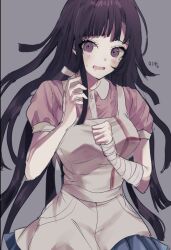 Rule 34 | 1girl, :d, apron, bandaged arm, bandages, black hair, blue skirt, blush, breasts, collared shirt, danganronpa (series), danganronpa 2: goodbye despair, grey apron, grey background, hands up, highres, large breasts, long hair, mole, mole under eye, nz (vovo0 o), open mouth, pink shirt, pleated skirt, puffy short sleeves, puffy sleeves, shirt, short sleeves, simple background, skirt, smile, solo, sweat, teeth, tsumiki mikan, two-tone shirt, upper teeth only