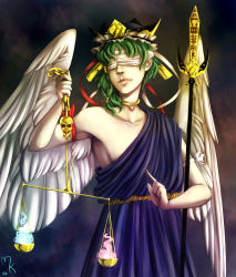 Rule 34 | 1girl, angel wings, armband, blindfold, breasts, chain, choker, green hair, hat, highres, justice, justitia (mythology), kelbremdusk, no bra, polearm, rod of remorse, scales, shiki eiki, sideboob, single bare shoulder, skull, small breasts, toga, touhou, trident, weapon, weighing scale, white blindfold, white wings, wings