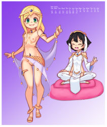 Rule 34 | 2020, 20s, 2girls, anklet, armlet, black hair, blonde hair, blush, bracelet, breasts, calendar, choker, closed eyes, collarbone, cushion, dancer, dated, digimon, digimon frontier, drantyno, dress, gold footwear, gradient background, green eyes, grin, hairband, harem outfit, highres, jewelry, long hair, long sleeves, looking at viewer, may, megu (ryuhi), multiple girls, navel, nipples, no panties, open mouth, orimoto izumi, purple background, pussy, sandals, short hair, showgirl skirt, sitting, small breasts, smile, standing, teeth, thighhighs, thighlet, tiara, topless, veil, white dress, white thighhighs, wide sleeves