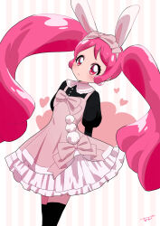 Rule 34 | 1girl, absurdres, alternate costume, amesafu, animal ears, blush, casual, commentary request, cure whip, dress, earrings, eyelashes, highres, jewelry, kirakira precure a la mode, long hair, looking at viewer, magical girl, pink dress, pink eyes, pink hair, precure, puffy sleeves, rabbit ears, signature, solo, standing, striped, striped background, thighhighs, thighs, twintails, usami ichika