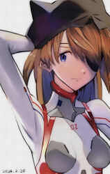 Rule 34 | 1girl, 2024, blue eyes, bodysuit, breasts, brown hair, dated, evangelion: 3.0+1.0 thrice upon a time, eyepatch, hat, highres, interface headset, long hair, neon genesis evangelion, plugsuit, rebuild of evangelion, simple background, solo, souryuu asuka langley, upper body, white background, white bodysuit, yagisawa teru