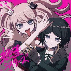 Rule 34 | 2girls, :&lt;, :d, bear hair ornament, black hair, black ribbon, breasts, brown gloves, cleavage, collared shirt, danganronpa: trigger happy havoc, danganronpa (series), enoshima junko, gloves, grey eyes, hair ornament, hands up, ikusaba mukuro, large breasts, long hair, long sleeves, long tongue, mikao (eanv5385), miniskirt, multiple girls, nail polish, neck ribbon, open mouth, pink background, pleated skirt, red nails, red skirt, ribbon, shirt, short hair, siblings, sisters, skirt, smile, teeth, tongue, tongue out, translation request, twintails, upper body, upper teeth only