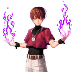 Rule 34 | 1boy, belt, black shirt, brown belt, brown hair, chris, commentary request, covered collarbone, cowboy shot, crop top, evil smile, evilgun, fingernails, fire, hands up, highres, jewelry, looking at viewer, male focus, necklace, orange eyes, orochi chris, pants, parted lips, purple fire, pyrokinesis, red shirt, shirt, shirt tucked in, short hair, simple background, sleeveless, sleeveless shirt, smile, solo, standing, the king of fighters, the king of fighters &#039;97, turtleneck, white background, white pants, wristband
