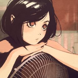 Rule 34 | 1girl, bare shoulders, black hair, bob cut, brown eyes, commentary, electric fan, english commentary, hair strand, head rest, highres, moshimoshibe, original, parted lips, portrait, solo, swept bangs, texture, upturned eyes