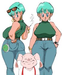 Rule 34 | 1girl, :&gt;, animal, arms behind head, arms up, ass, belt, blue eyes, breasts, bulma, cigarette, closed mouth, dragon ball, dragon radar, dragonball z, earrings, feet out of frame, green hair, groin, hand on own hip, highres, holding, holding cigarette, hoop earrings, jewelry, large breasts, legs, looking at viewer, oolong, parted lips, pig, short hair, simple background, sleeveless, smile, smoking, smug, standing, sunglasses, sunglasses on head, suspenders, thighs, turtleneck, ultivlad, watch, white background, wide hips, wristwatch